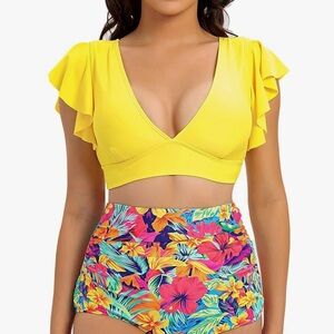 SPORLIKE | Yellow Bikini Top w/ Ruffle Shoulders, Size L, NWT